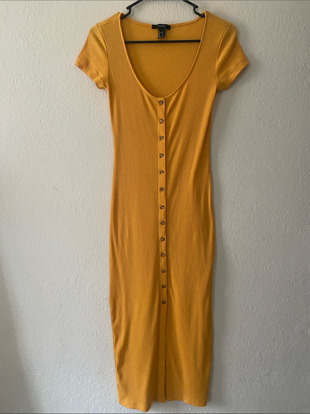 Forever 21 Mustard Yellow Ribbed Button-Down Midi Dress - Picture 2 of 9